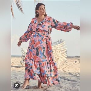 ELOQUII Printed ,Floral Maxi Dress with Ruffle Details Resort Wear Size 20